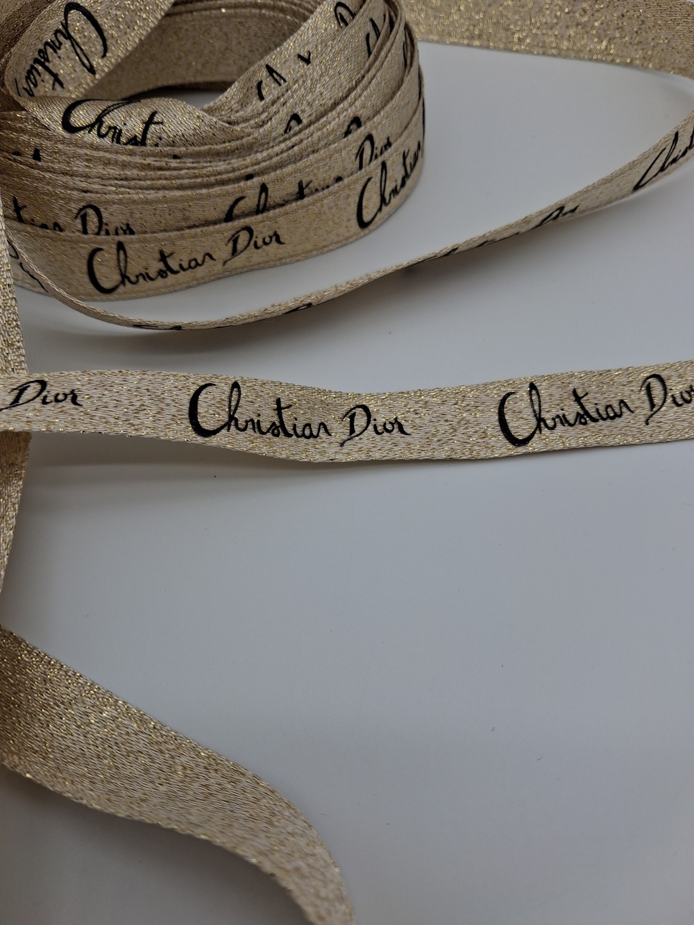 CHRISTIAN DIOR Metallic Gold Logo Ribbon Black Script Luxury Gift Wrap 2 Yds - Picture 2 of 4